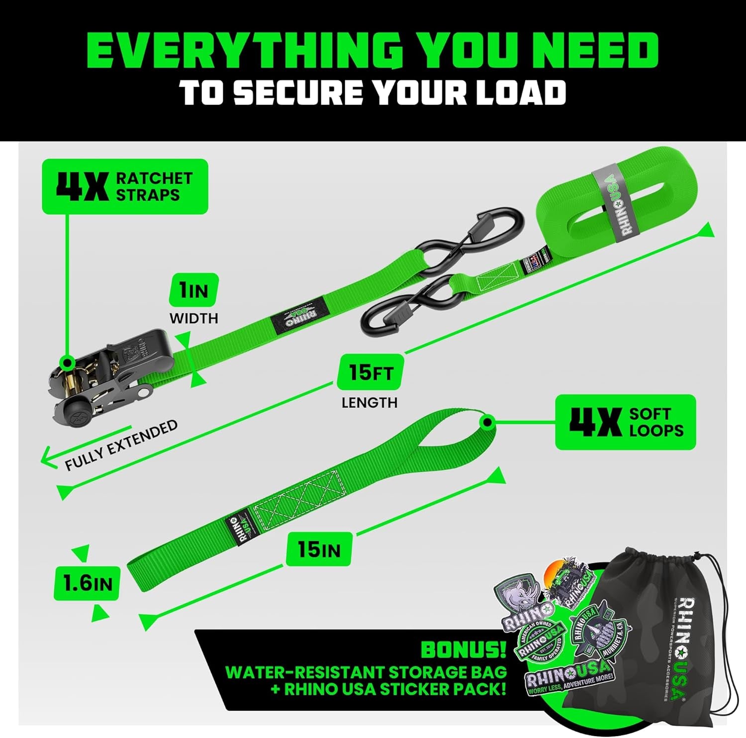 Ratchet Straps Tie Downs (4-Pack) - 1 Inch X 15 Feet (1,823Lb Break Strength) - Ultimate Tie down Straps with Safety S Hooks - for Trucks, Cargo, Moving, Appliances - Green