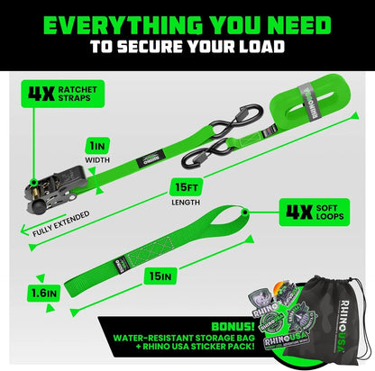 Ratchet Straps Tie Downs (4-Pack) - 1 Inch X 15 Feet (1,823Lb Break Strength) - Ultimate Tie down Straps with Safety S Hooks - for Trucks, Cargo, Moving, Appliances - Green
