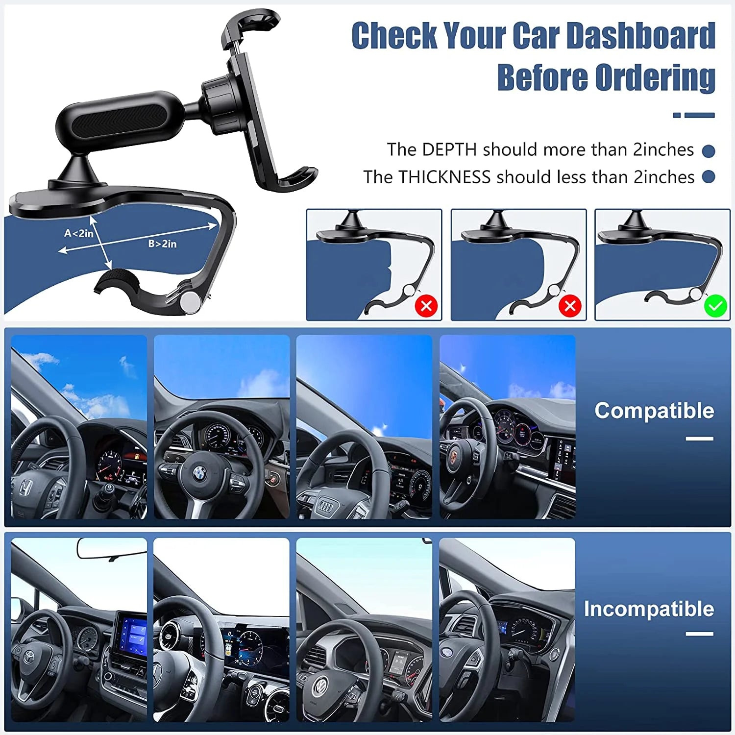 Universal Car Mount Holder for Cell Phone - Dashboard Grip Stand for Gps,Iphone,Samsung - 360° Rotation