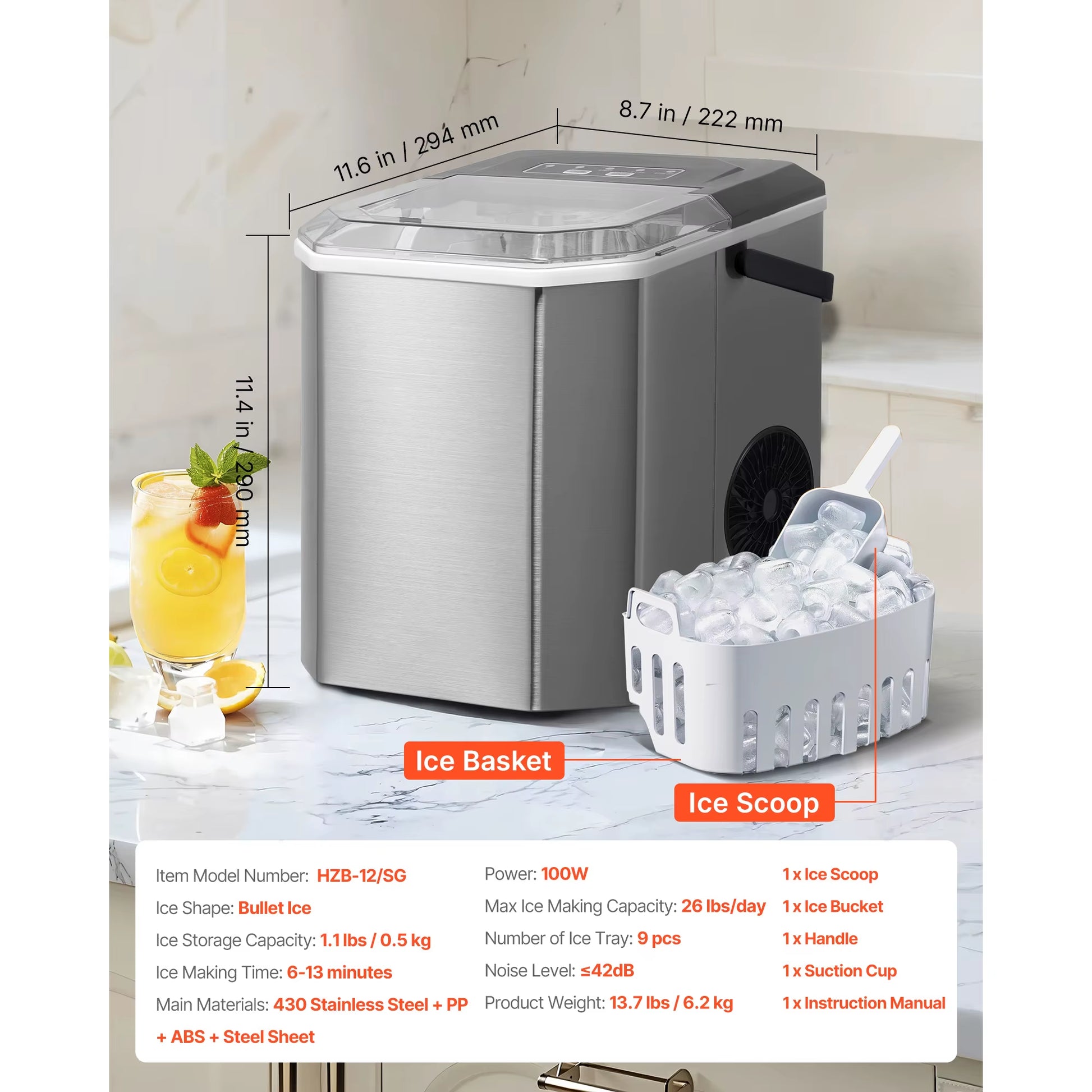Succebuy Countertop Ice Maker 9 Cubes Ready in 6 Mins 26Lbs in 24Hrs Self-Cleaning Portable Ice Maker with Ice Scoop and Bask