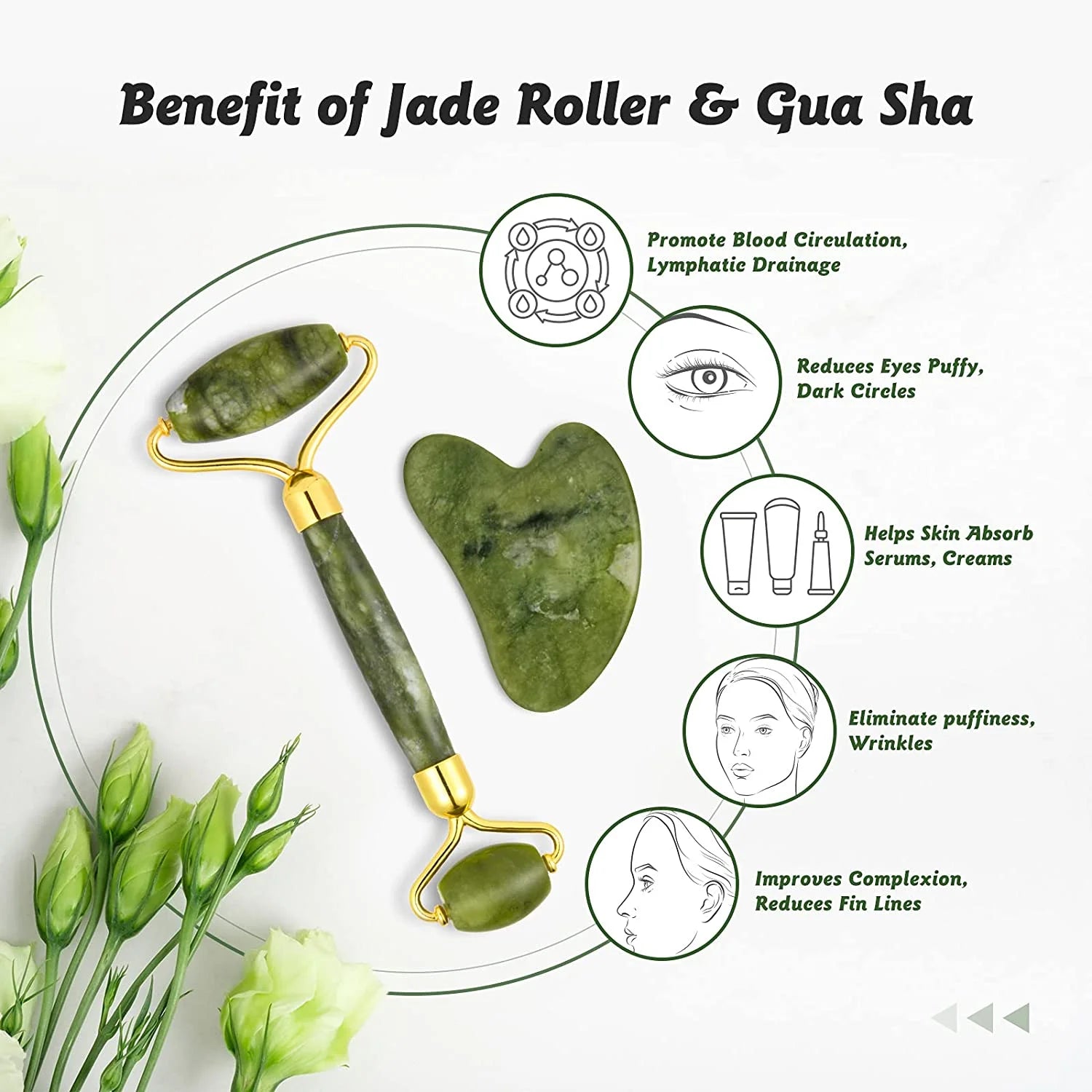 Jade Roller & Gua Sha Set, Face Roller,  Anti-Aging Facial Roller, Natural Green Jade Beauty Massager Tool, Skin Care Tool for Face, Neck, Eye to Reduce Wrinkles and Relax Body Muscles