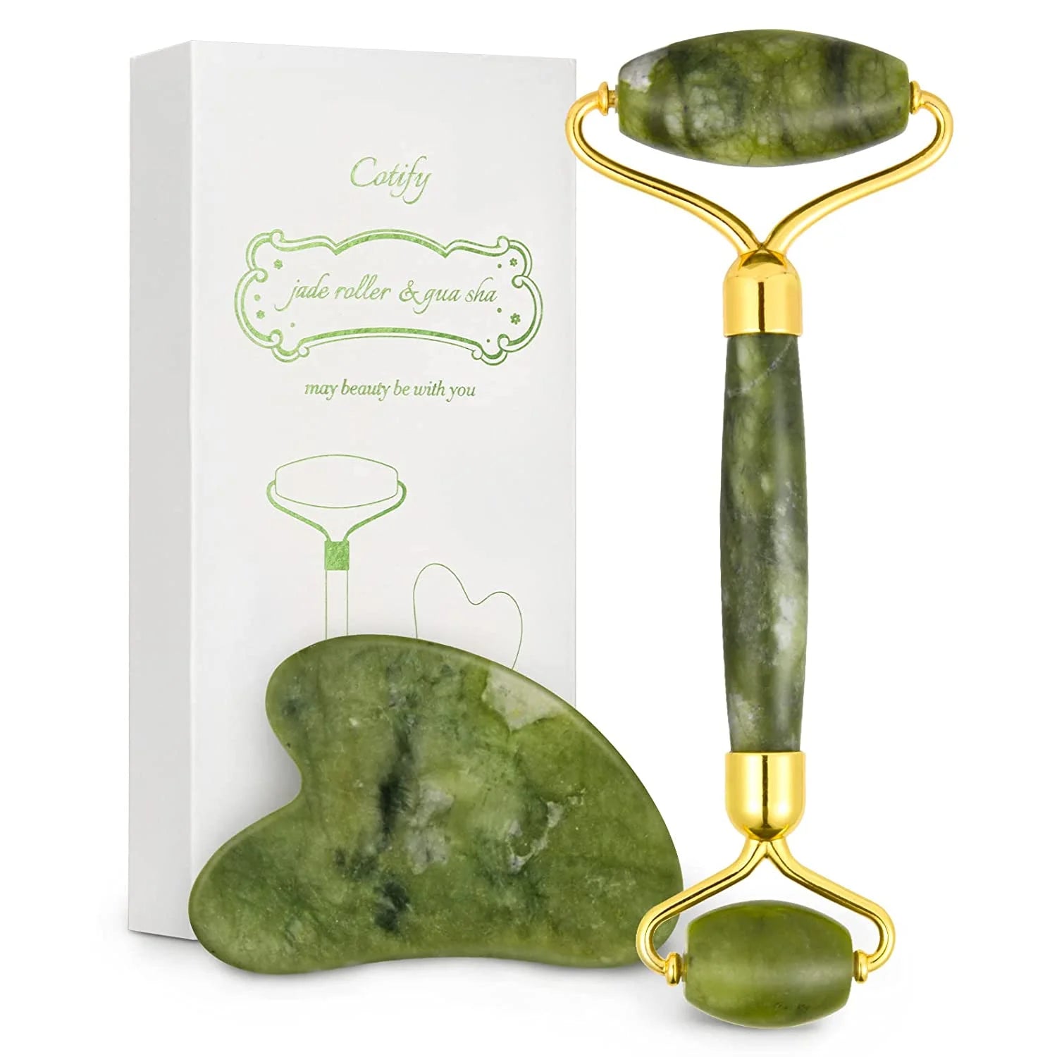 Jade Roller & Gua Sha Set, Face Roller,  Anti-Aging Facial Roller, Natural Green Jade Beauty Massager Tool, Skin Care Tool for Face, Neck, Eye to Reduce Wrinkles and Relax Body Muscles