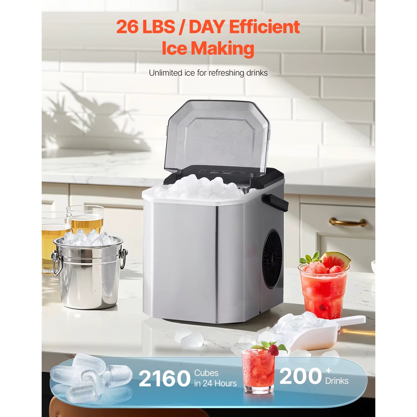 Succebuy Countertop Ice Maker 9 Cubes Ready in 6 Mins 26Lbs in 24Hrs Self-Cleaning Portable Ice Maker with Ice Scoop and Bask
