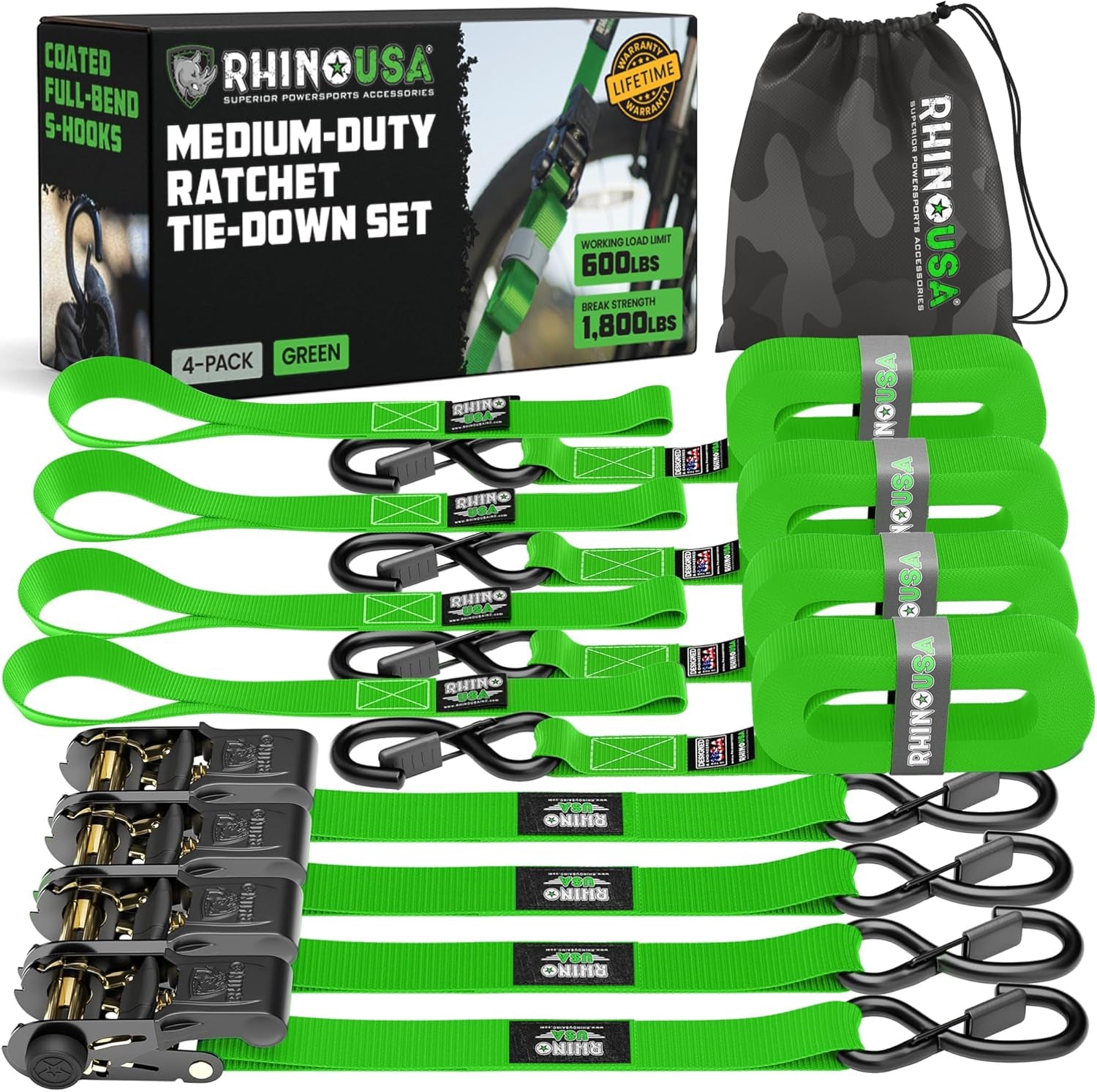 Ratchet Straps Tie Downs (4-Pack) - 1 Inch X 15 Feet (1,823Lb Break Strength) - Ultimate Tie down Straps with Safety S Hooks - for Trucks, Cargo, Moving, Appliances - Green