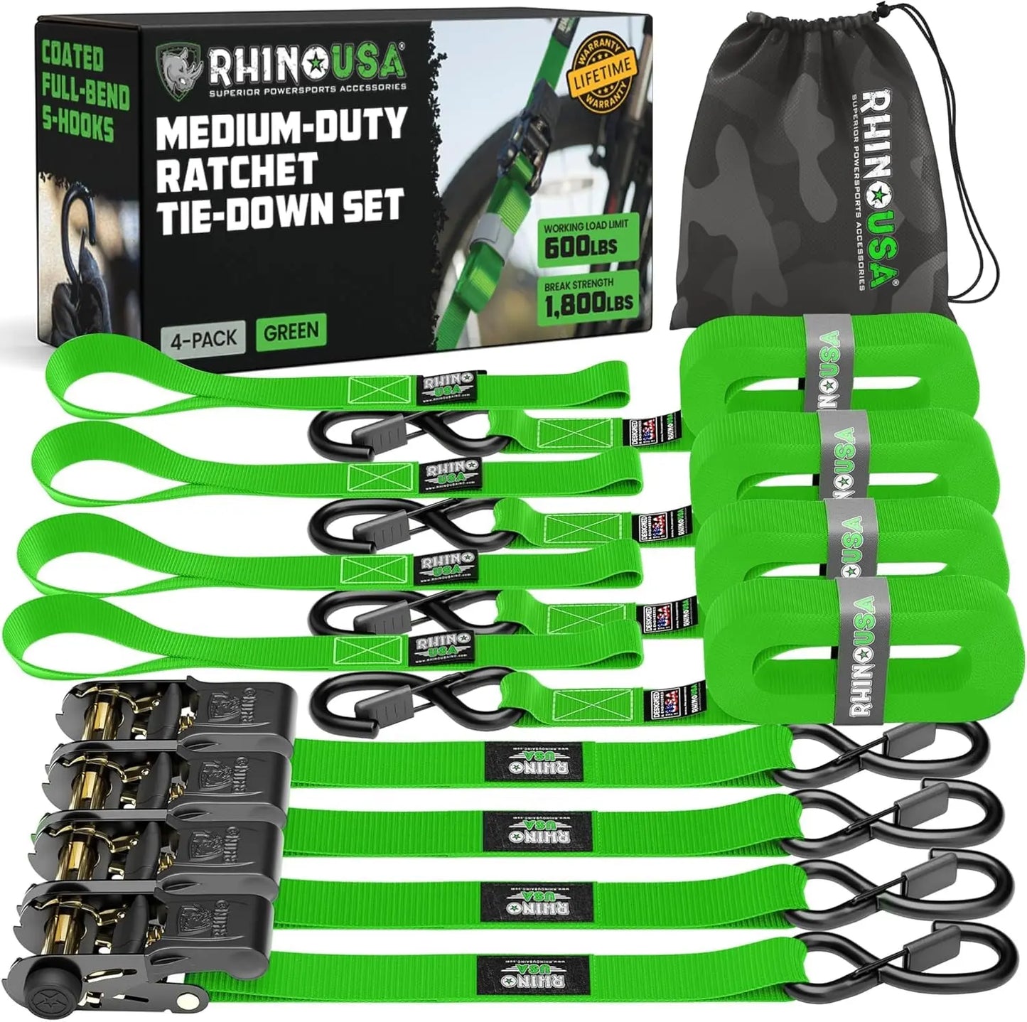 Ratchet Straps Tie Downs (4-Pack) - 1 Inch X 15 Feet (1,823Lb Break Strength) - Ultimate Tie down Straps with Safety S Hooks - for Trucks, Cargo, Moving, Appliances - Green