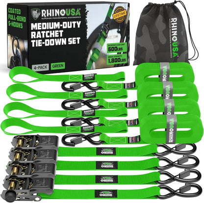 Ratchet Straps Tie Downs (4-Pack) - 1 Inch X 15 Feet (1,823Lb Break Strength) - Ultimate Tie down Straps with Safety S Hooks - for Trucks, Cargo, Moving, Appliances - Green