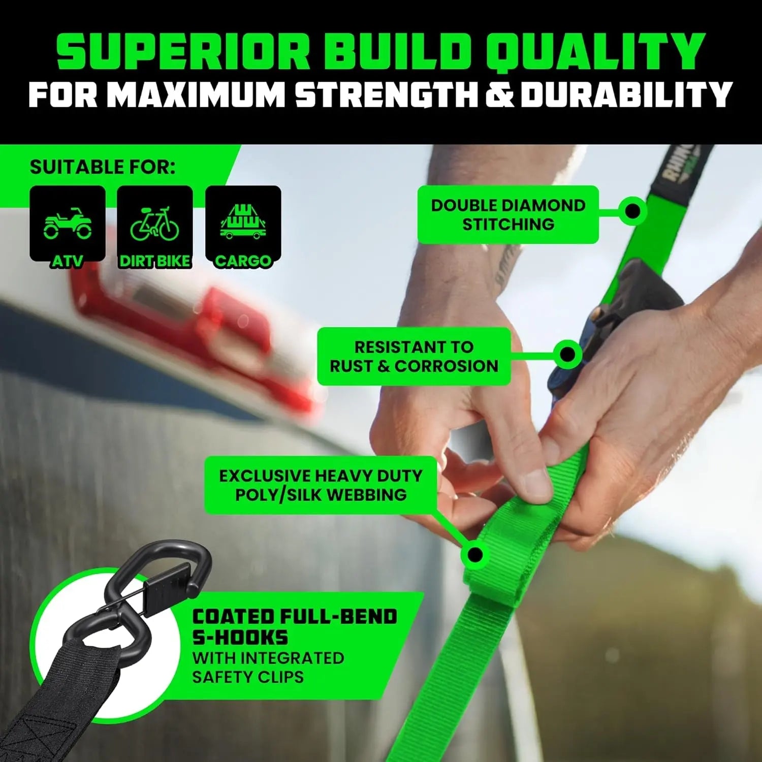 Ratchet Straps Tie Downs (4-Pack) - 1 Inch X 15 Feet (1,823Lb Break Strength) - Ultimate Tie down Straps with Safety S Hooks - for Trucks, Cargo, Moving, Appliances - Green