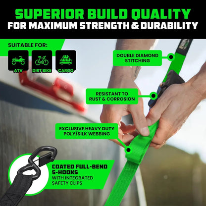 Ratchet Straps Tie Downs (4-Pack) - 1 Inch X 15 Feet (1,823Lb Break Strength) - Ultimate Tie down Straps with Safety S Hooks - for Trucks, Cargo, Moving, Appliances - Green